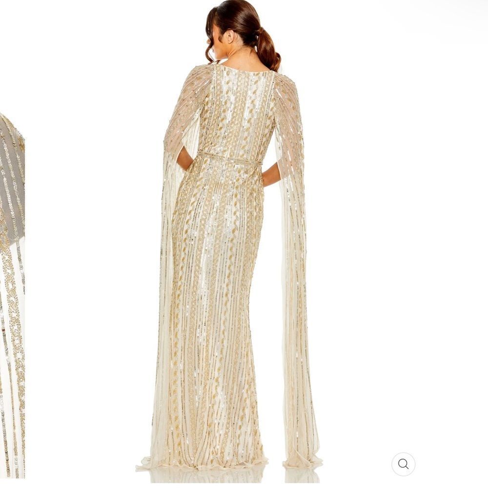 NWT Mac Duggal 5915 SEQUINED V-NECK GOWN Dress WITH CAPE SLEEVES Nude Silver 8 - Picture 4 of 15